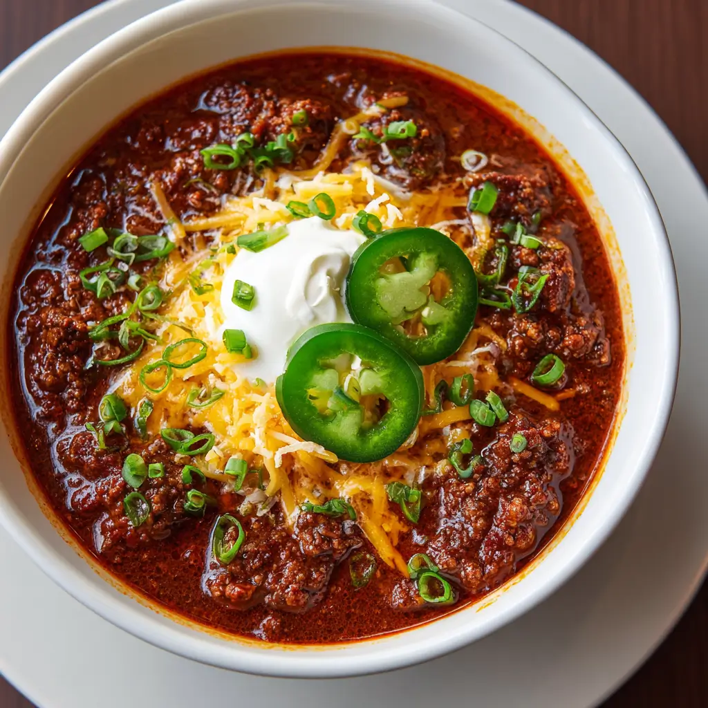 A close-up overhead shot of a white bowl filled with a classic chili recipe