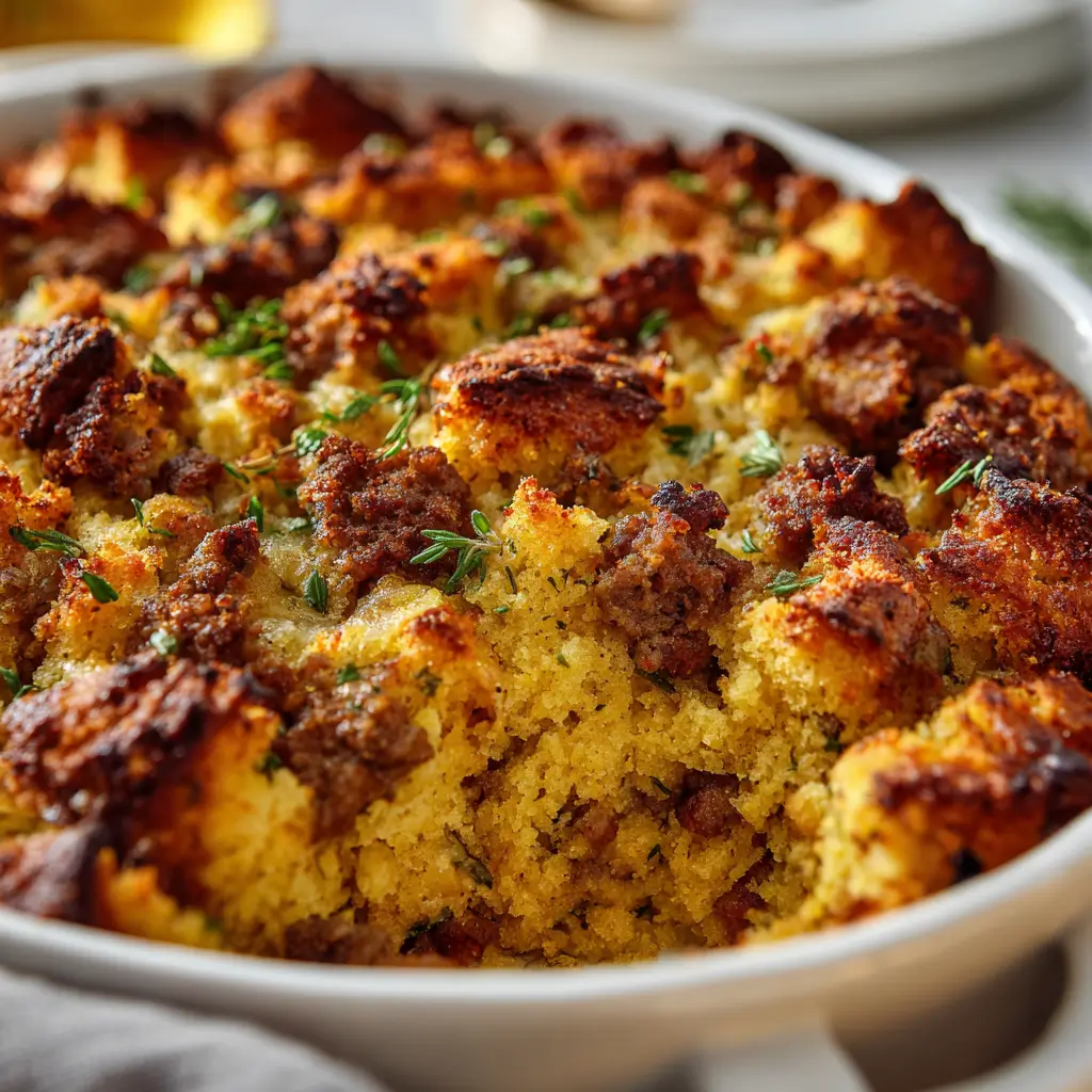 A close-up of a savory cornbread and sausage stuffing casserole in a white baking dish, topped with fresh herbs and baked to a golden brown.