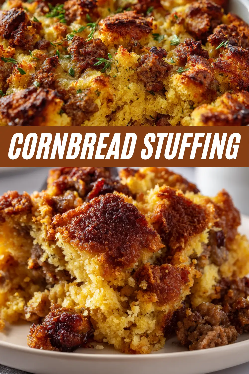 A recipe collage for homemade Cornbread Stuffing. The top photo shows the stuffing in a casserole dish, and the bottom shows a close-up serving, both highlighting the golden-brown crust and savory sausage. The text "CORNBREAD STUFFING" is in the middle.