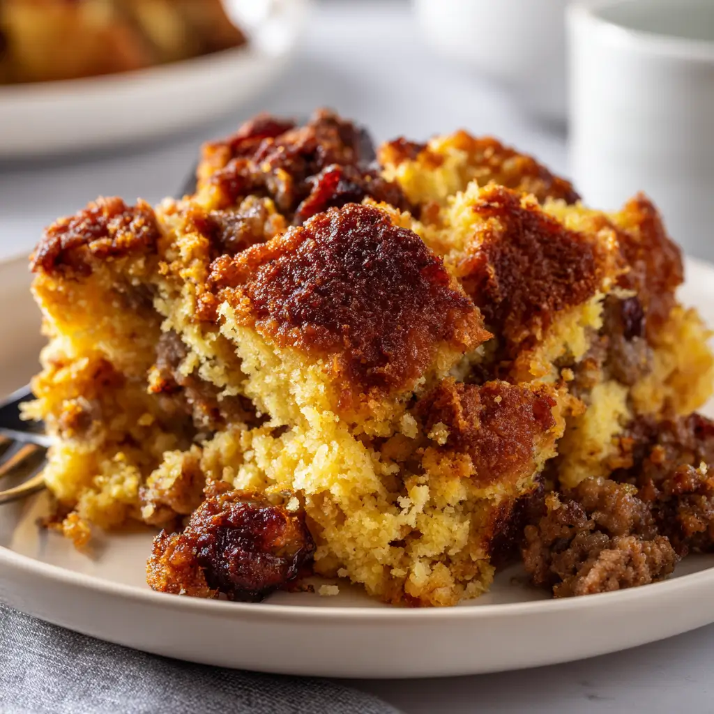 A close-up image of a serving of savory cornbread and sausage stuffing on a white plate, highlighting its moist, crumbly texture and crispy, golden-brown top.