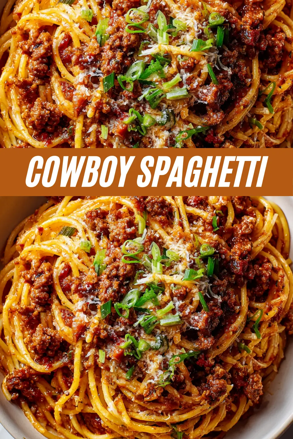 A recipe collage for Cowboy Spaghetti, showing close-up images of hearty spaghetti with a rich meat sauce, topped with fresh green onions and shredded cheese.