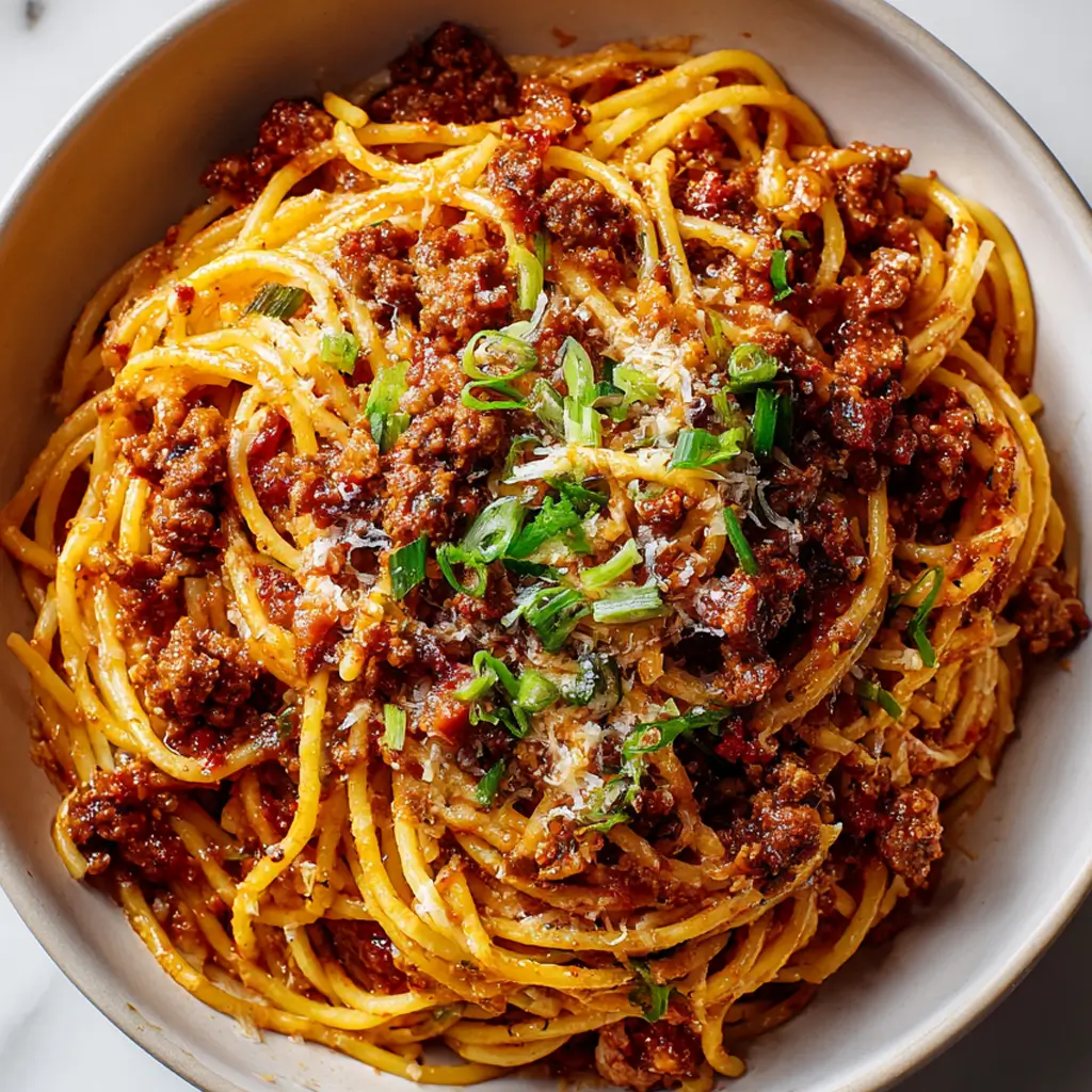 A close-up overhead shot of Cowboy Spaghetti in a white bowl, featuring spaghetti noodles tossed in a hearty meat sauce and garnished with fresh green onions and grated Parmesan cheese.