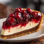 A close-up side view of a slice of layered cranberry fudge pie on a white plate. The pie has a thick graham cracker crust, a rich dark chocolate fudge layer, a creamy white cheesecake layer, and is topped with a generous amount of glossy, whole-berry cranberry sauce.