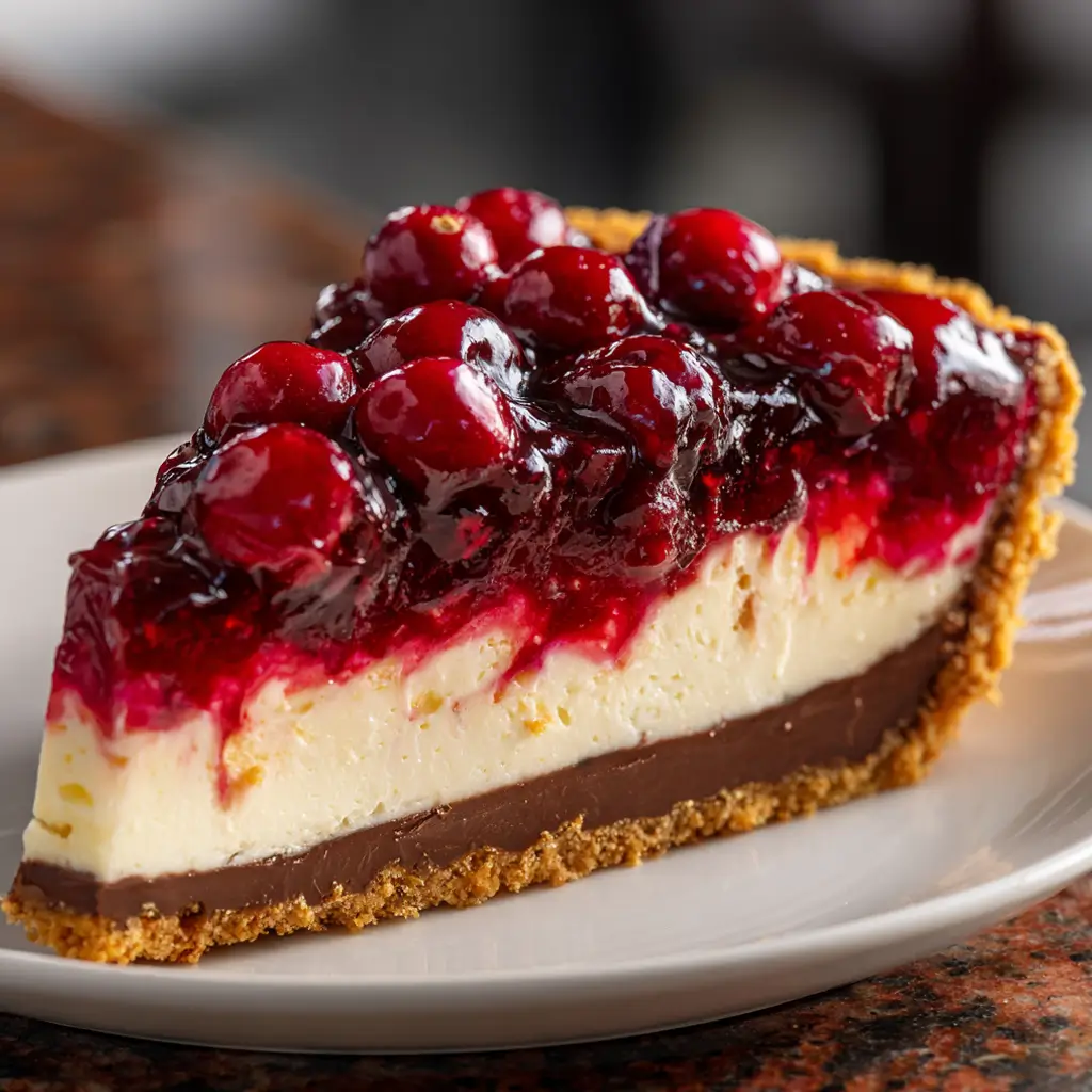 A close-up side view of a slice of layered cranberry fudge pie on a white plate. The pie has a thick graham cracker crust, a rich dark chocolate fudge layer, a creamy white cheesecake layer, and is topped with a generous amount of glossy, whole-berry cranberry sauce.