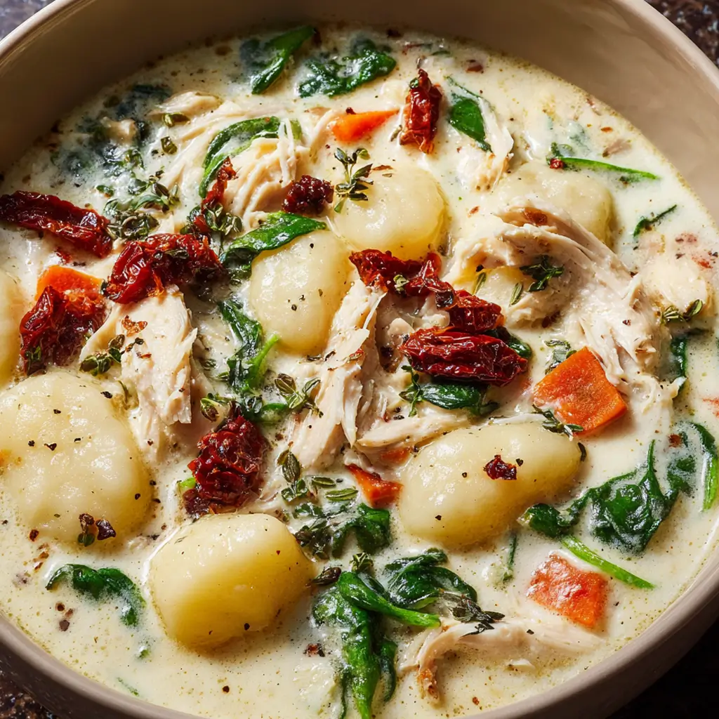 A close-up shot of a bowl of creamy chicken gnocchi soup, filled with pillowy gnocchi, shredded chicken, spinach, and sun-dried tomatoes, garnished with fresh thyme.