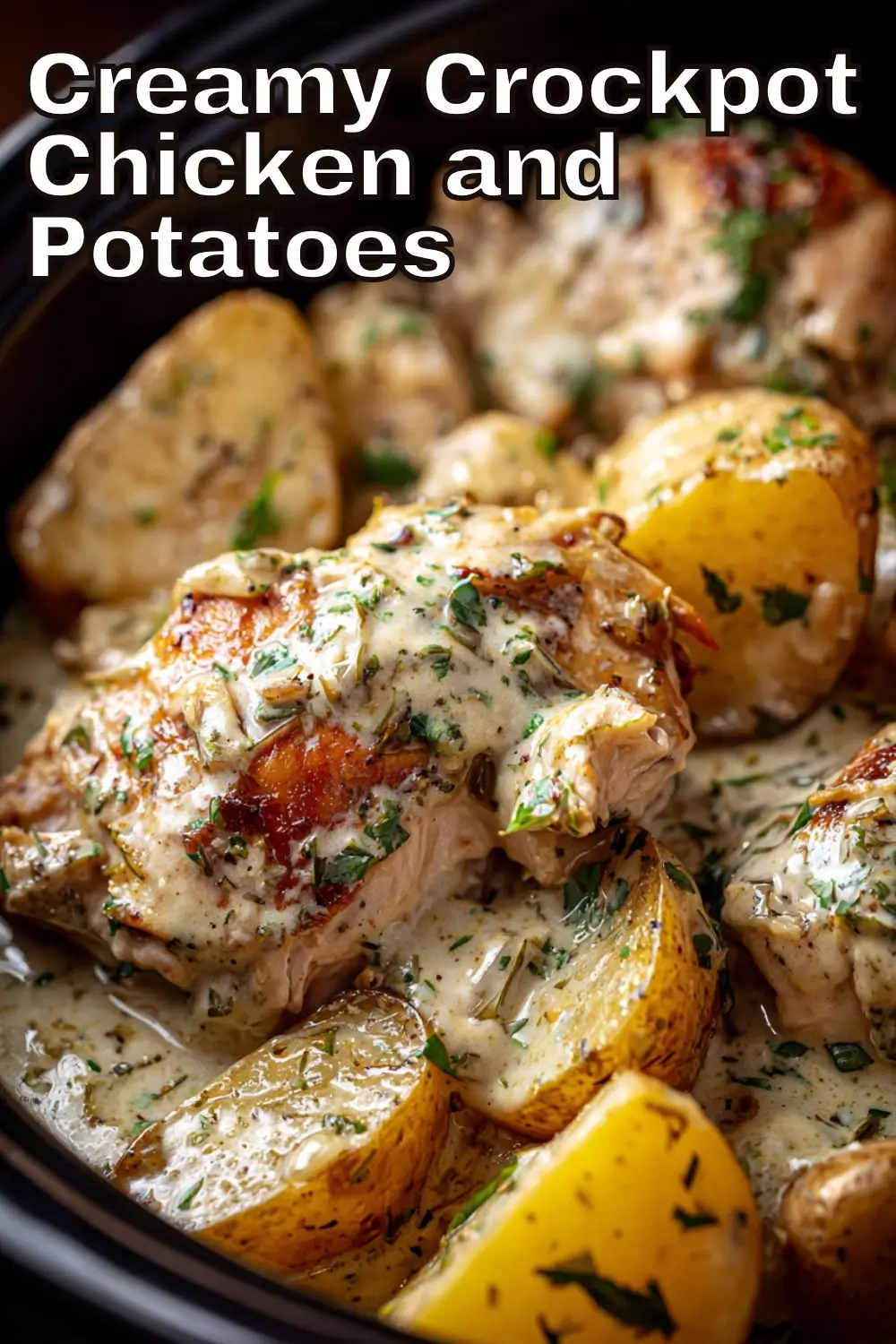 A close-up image of creamy crockpot chicken and potatoes in a slow cooker with a text overlay that reads "Creamy Crockpot Chicken and Potatoes".