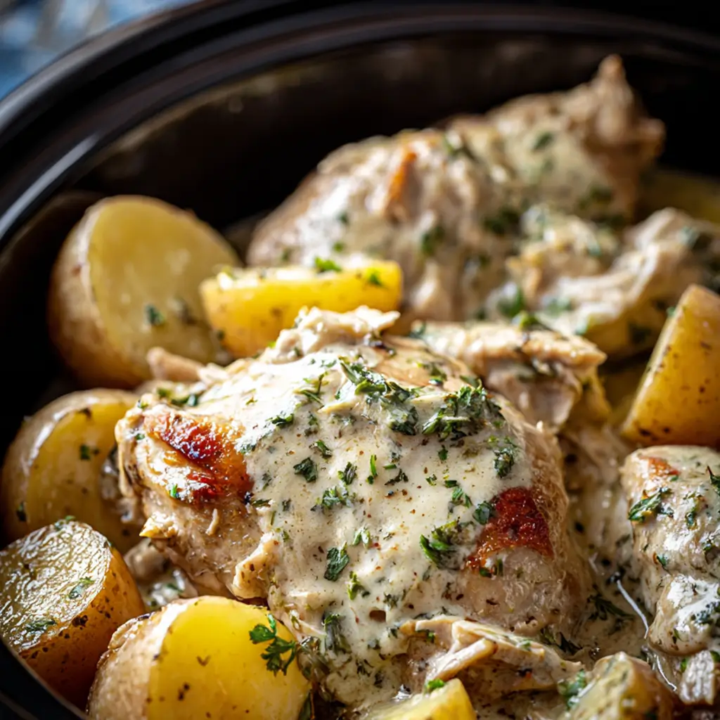 A close-up view of creamy crockpot chicken and potatoes in a black slow cooker, garnished with fresh parsley.