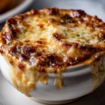 A close-up view of a steaming bowl of creamy French onion and mushroom soup, featuring a rich, bubbly, golden-brown Gruyère cheese topping that is perfectly melted over the side of a classic white crock.