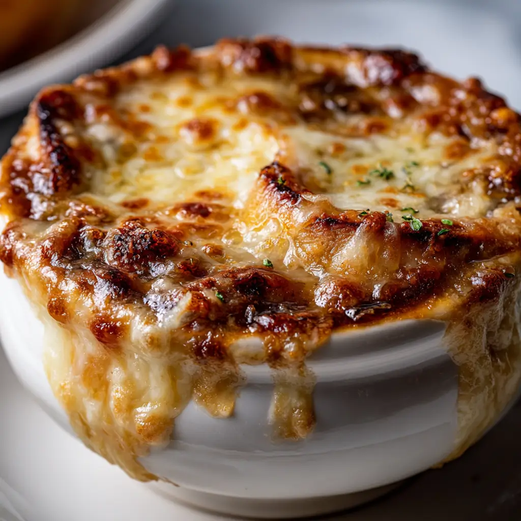A close-up view of a steaming bowl of creamy French onion and mushroom soup, featuring a rich, bubbly, golden-brown Gruyère cheese topping that is perfectly melted over the side of a classic white crock.