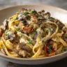A close-up image of a bowl of creamy mushroom pasta, featuring fettuccine noodles coated in a rich cream sauce, topped with seared mushrooms, grated Parmesan cheese, and fresh parsley.