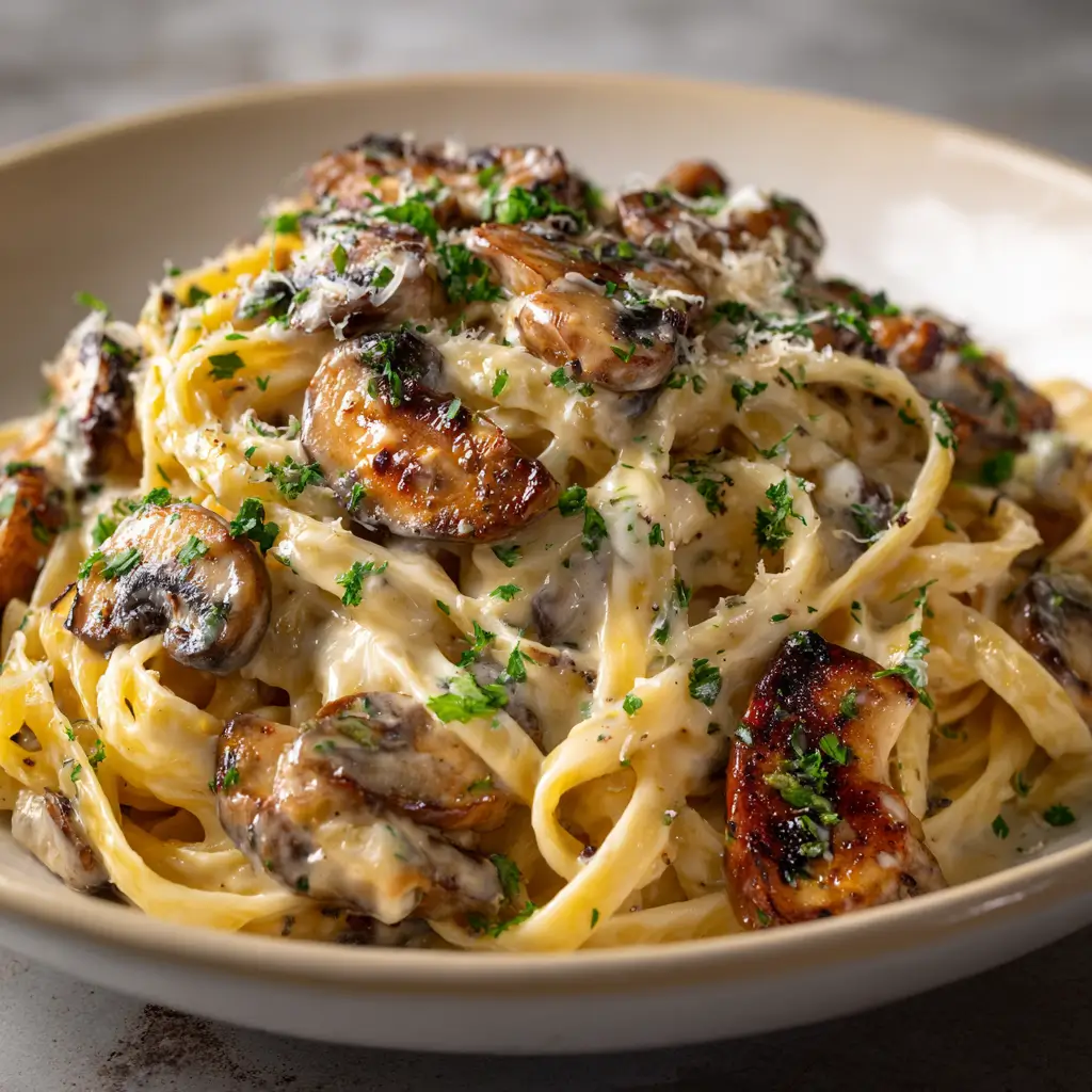 A close-up image of a bowl of creamy mushroom pasta, featuring fettuccine noodles coated in a rich cream sauce, topped with seared mushrooms, grated Parmesan cheese, and fresh parsley.