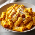 A close-up photo of a white bowl filled with creamy pumpkin pasta, made with rigatoni and garnished with fresh sage and grated Parmesan cheese.