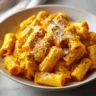 A close-up photo of a white bowl filled with creamy pumpkin pasta, made with rigatoni and garnished with fresh sage and grated Parmesan cheese.