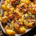 A close-up view of golden, crispy brown butter sage smashed potatoes on a serving platter, garnished with fresh thyme and flaky salt.
