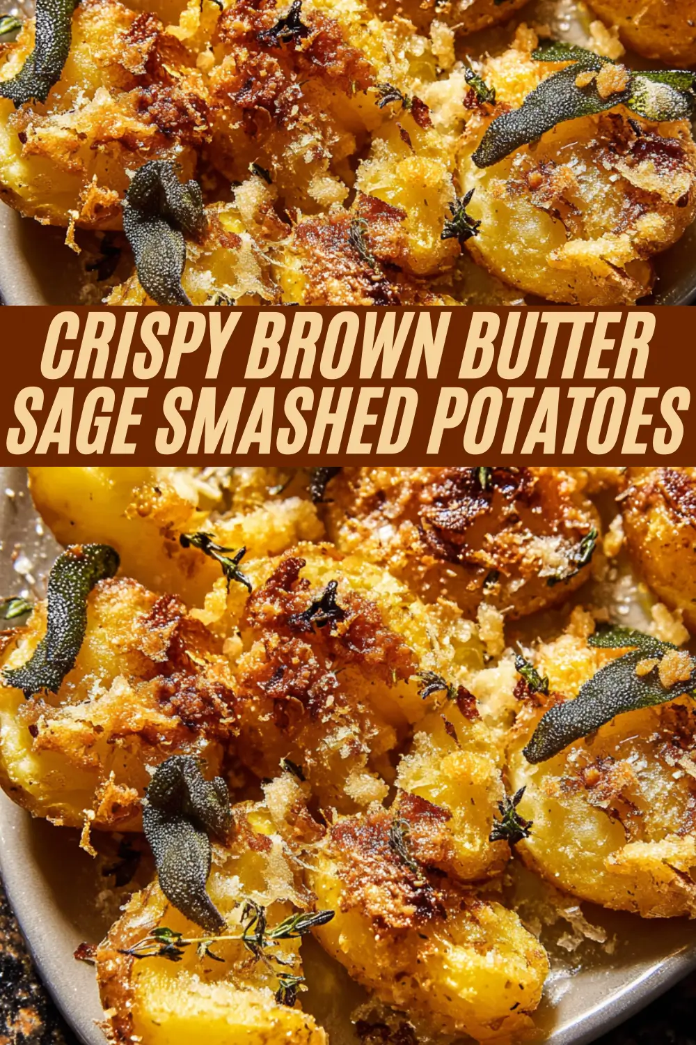Recipe pin for crispy brown butter sage smashed potatoes, showing close-up images of golden roasted potatoes with a text overlay of the recipe title.