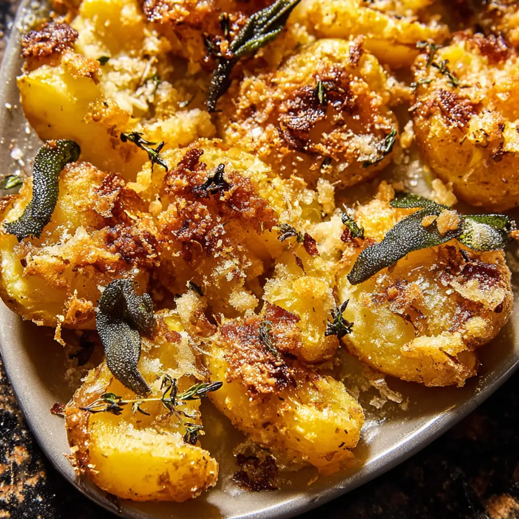 A close-up view of golden, crispy brown butter sage smashed potatoes on a serving platter, garnished with fresh thyme and flaky salt.