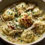 A close-up photo of a rustic bowl filled with creamy Crock Pot Chicken and Dumplings, featuring tender shredded chicken and fluffy dumplings garnished with fresh parsley.