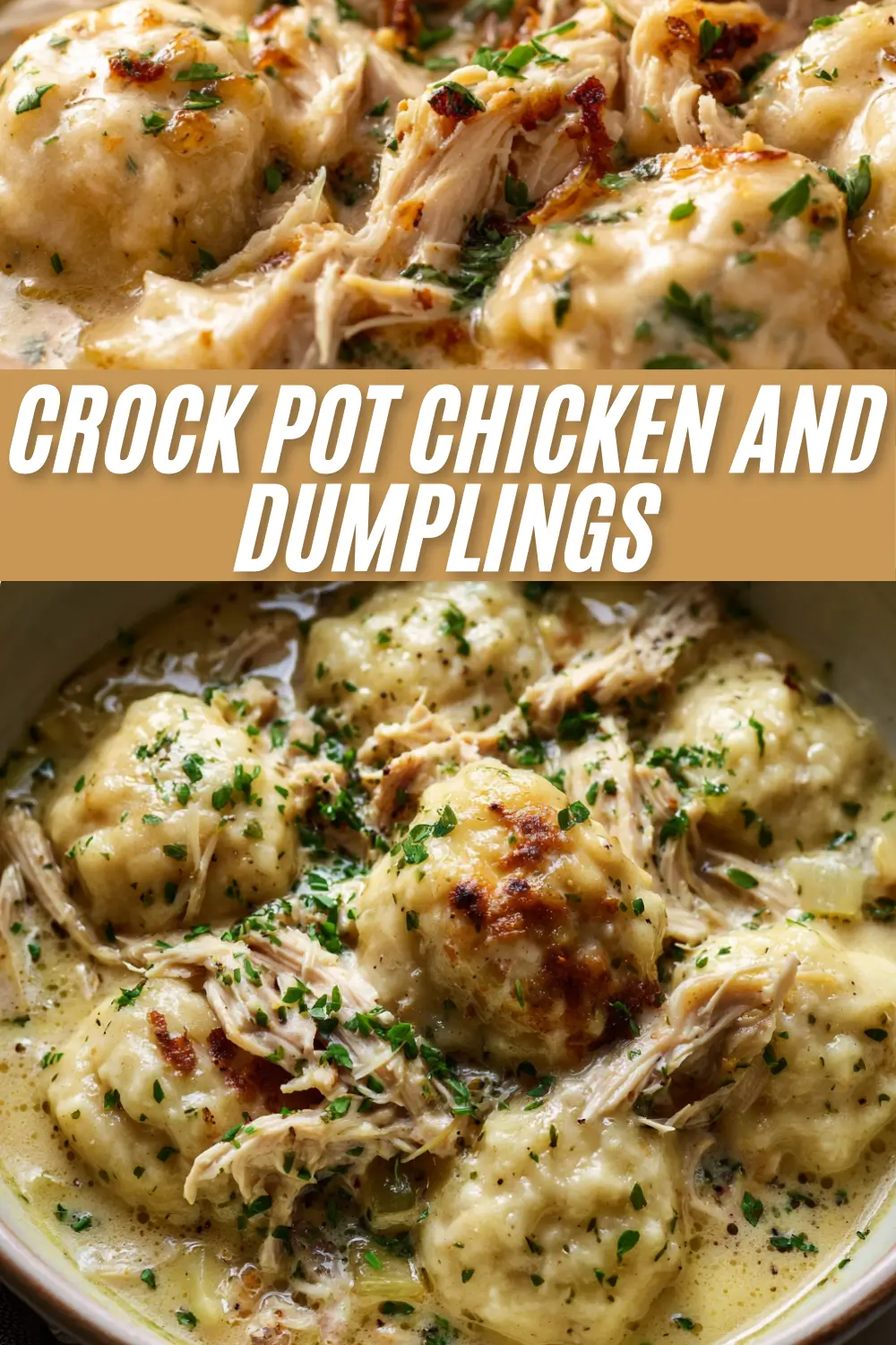 A close-up view of a rustic bowl filled with creamy Crock Pot chicken and dumplings, featuring tender shredded chicken and fluffy dumplings garnished with fresh parsley.