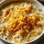 A close-up shot of a white bowl filled with creamy Crock Pot Crack Potato Soup, topped with a generous amount of shredded cheddar cheese and a sprinkle of black pepper and herbs.