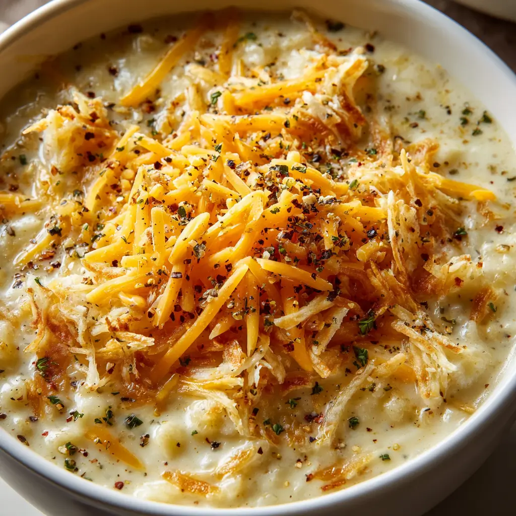A close-up shot of a white bowl filled with creamy Crock Pot Crack Potato Soup, topped with a generous amount of shredded cheddar cheese and a sprinkle of black pepper and herbs.