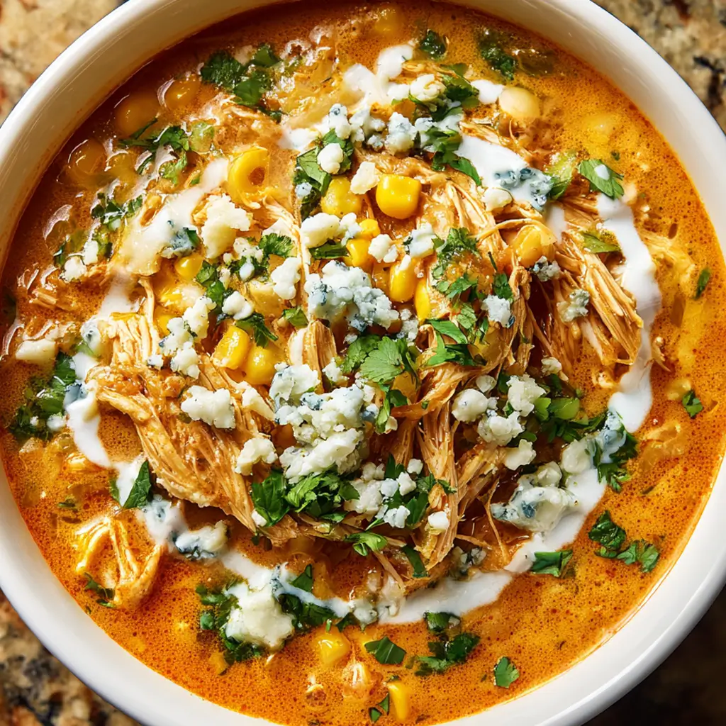 A close-up overhead view of a bowl of creamy Crockpot Buffalo Chicken Chili, topped with blue cheese crumbles, corn, and fresh cilantro.