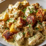 A close-up shot of a bowl of creamy Crockpot Garlic Parmesan Chicken and Potatoes, showing tender chicken and potato chunks coated in a rich sauce and garnished with fresh parsley.