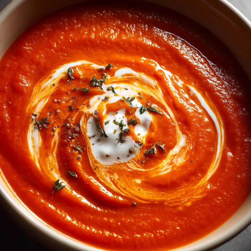 A close-up of a warm bowl of creamy Crockpot tomato soup, garnished with a swirl of cream, fresh thyme, and cracked black pepper.