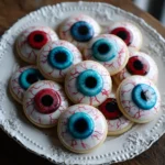 A white decorative plate piled with homemade eyeball sugar cookies featuring realistic red and blue irises and spooky, hand-painted red veins on white royal icing.