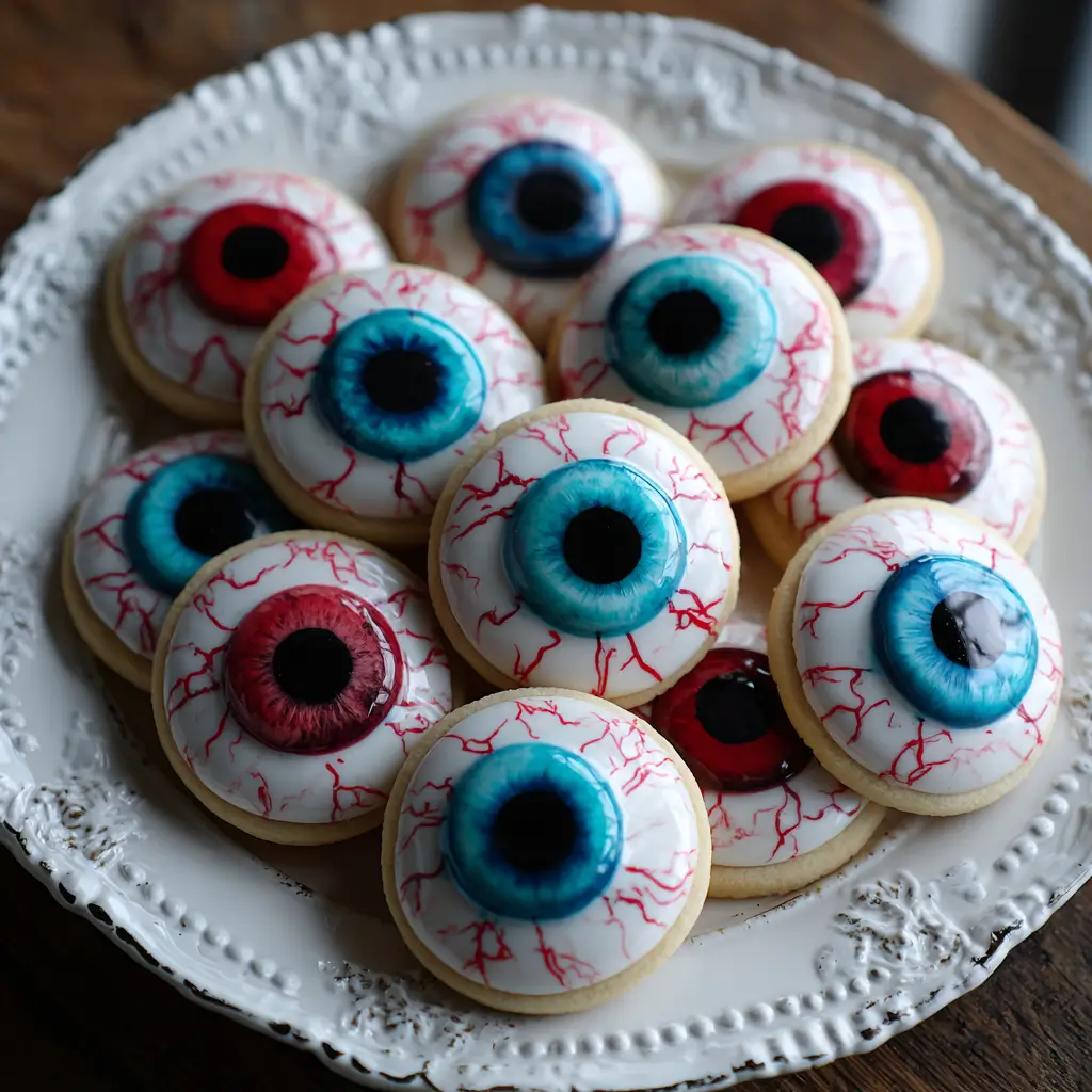 A white decorative plate piled with homemade eyeball sugar cookies featuring realistic red and blue irises and spooky, hand-painted red veins on white royal icing.