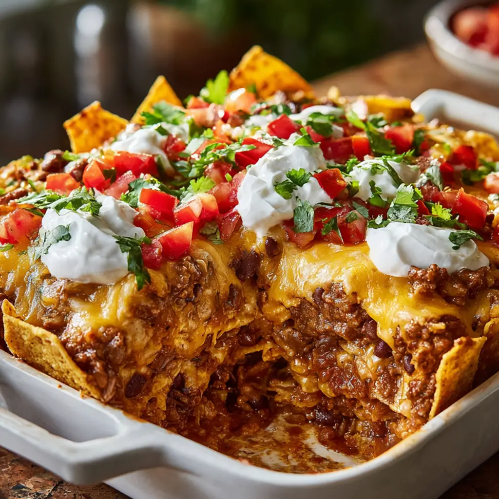 A close-up of a Frito Pie Casserole in a white baking dish, showing layers of seasoned ground beef chili, melted cheddar cheese, and crunchy Frito chips, topped with sour cream, diced tomatoes, and fresh cilantro.