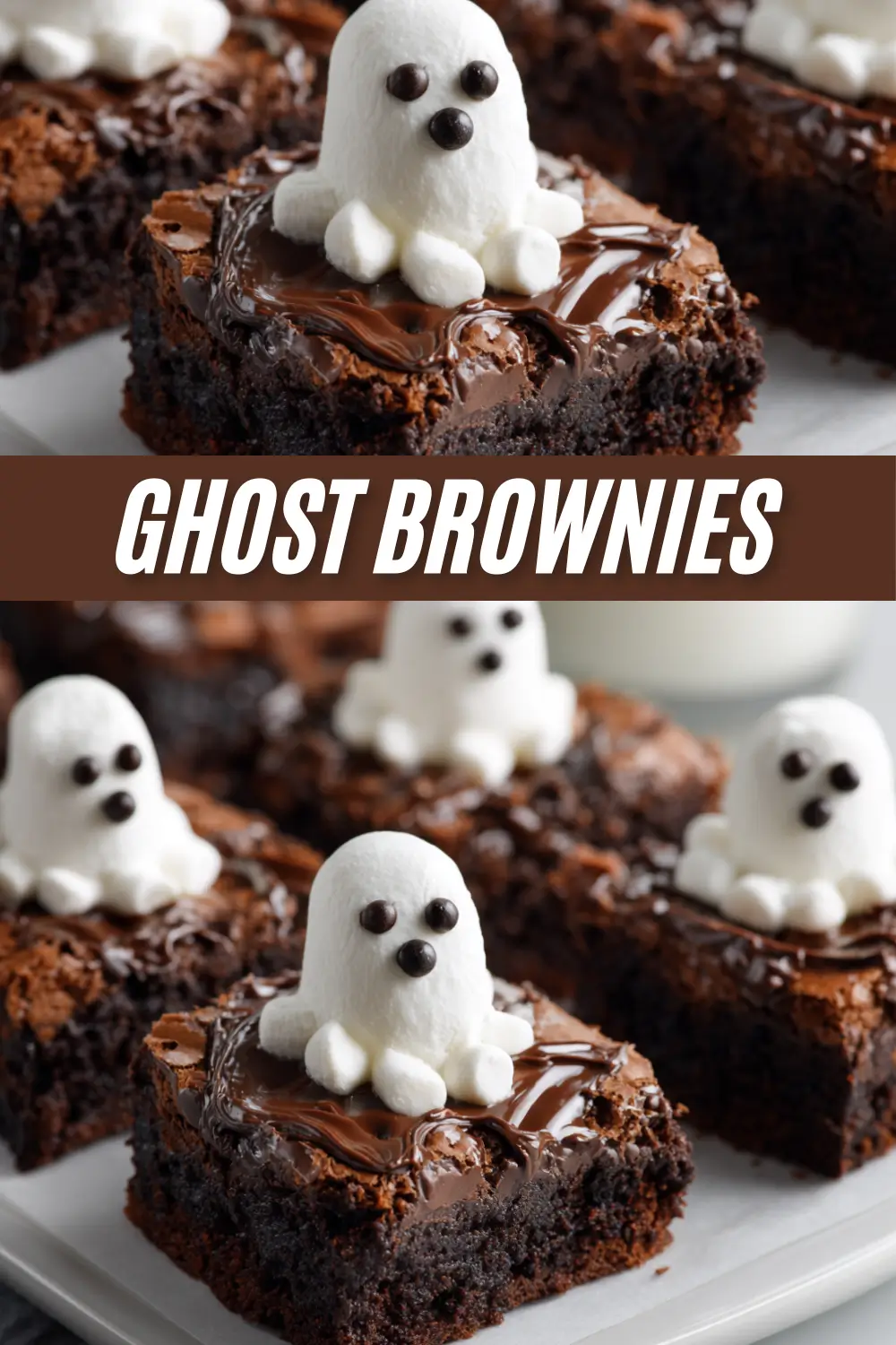 A collage image showing fudgy Ghost Brownies on a white plate, with a title text overlay reading "Ghost Brownies" in a brown banner.