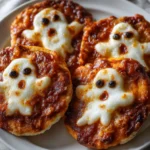 A close-up of four spooky ghost mini pizzas on a plate, topped with melted mozzarella cheese ghosts and black olive eyes.