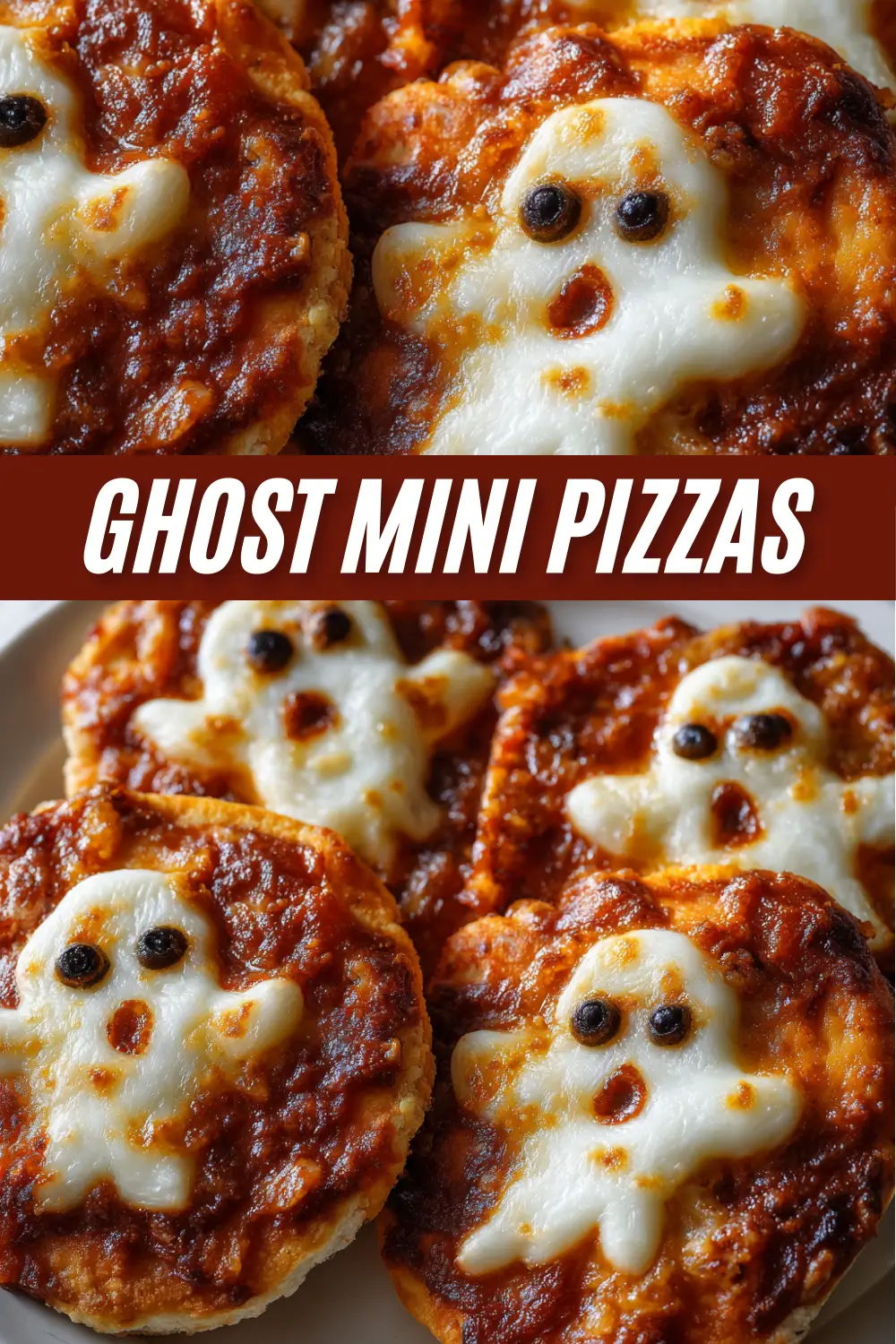 A recipe graphic for Ghost Mini Pizzas, showing close-up photos of the spooky Halloween pizzas topped with mozzarella ghosts.