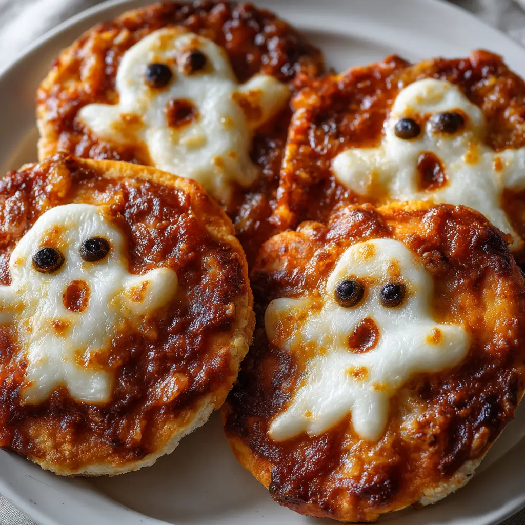 A close-up of four spooky ghost mini pizzas on a plate, topped with melted mozzarella cheese ghosts and black olive eyes.