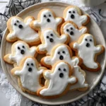 A round plate filled with ghost-shaped sugar cookies decorated with white royal icing and black icing for surprised-looking eyes and mouths, set on a spiderweb-patterned cloth.