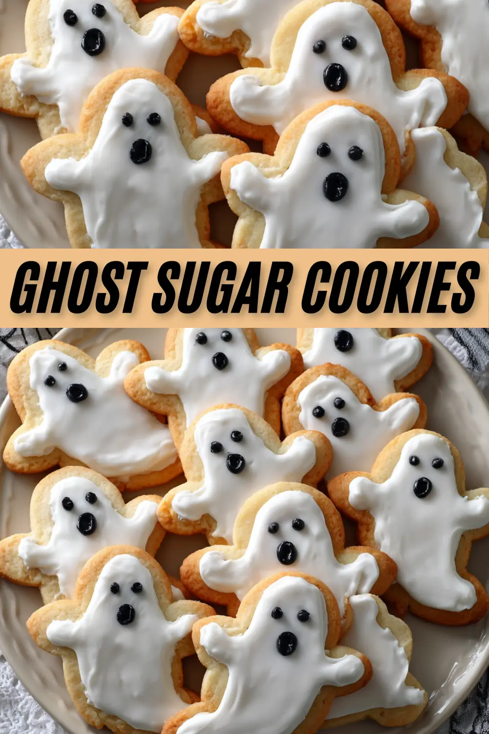 A collage image featuring plates of ghost-shaped sugar cookies with white icing. A black banner with text overlay reads "Ghost Sugar Cookies," indicating a recipe.