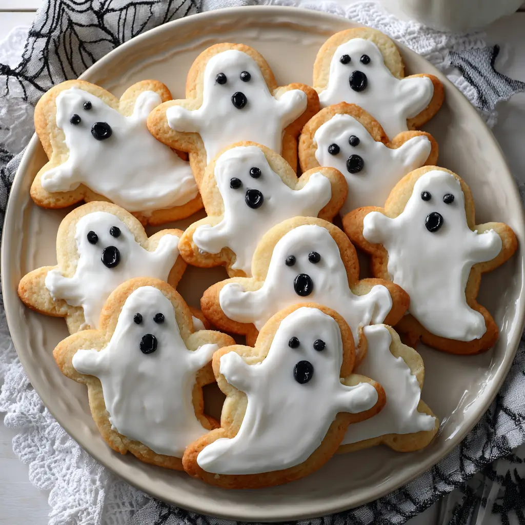 A round plate filled with ghost-shaped sugar cookies decorated with white royal icing and black icing for surprised-looking eyes and mouths, set on a spiderweb-patterned cloth.