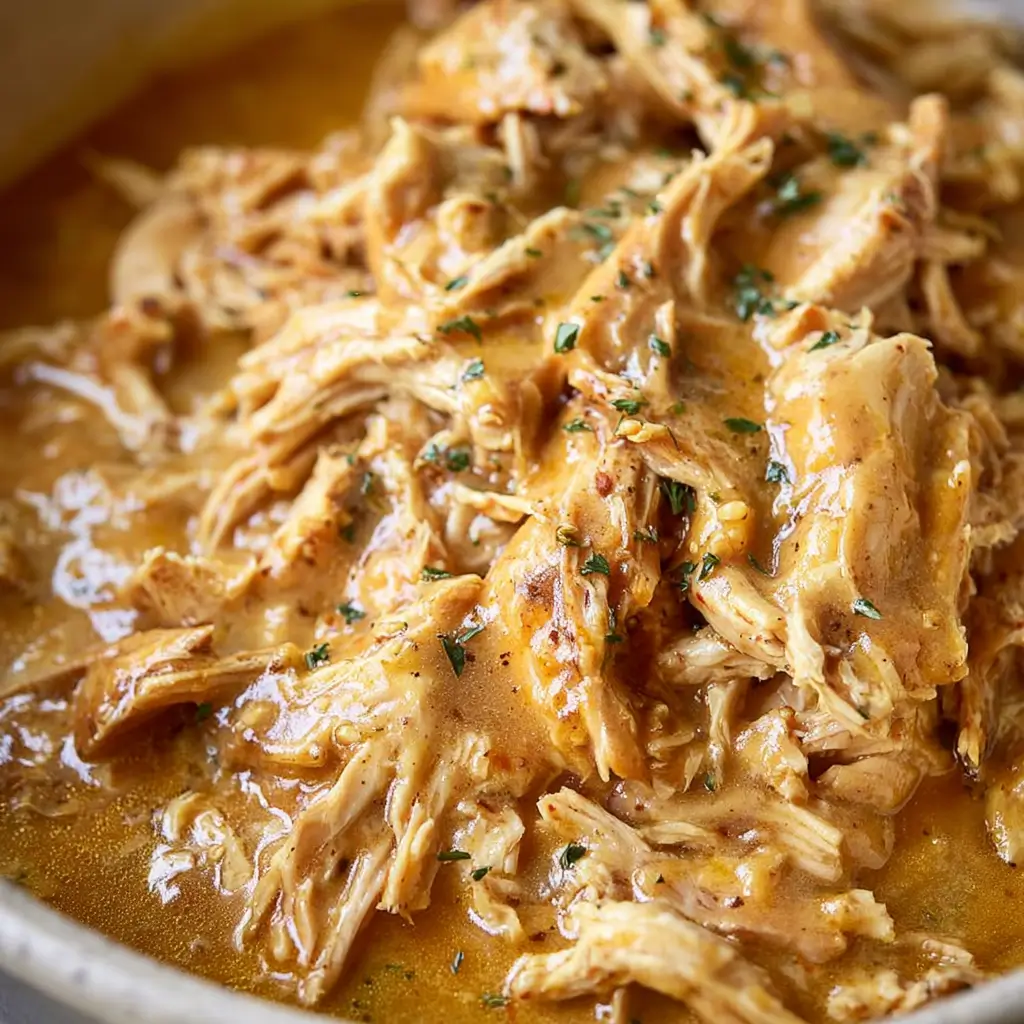 A close-up bowl of tender, shredded gluten-free crockpot chicken smothered in a thick, savory gravy and garnished with fresh parsley.