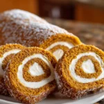 Slices of a homemade pumpkin roll with a cream cheese swirl filling, dusted with powdered sugar on a white plate.