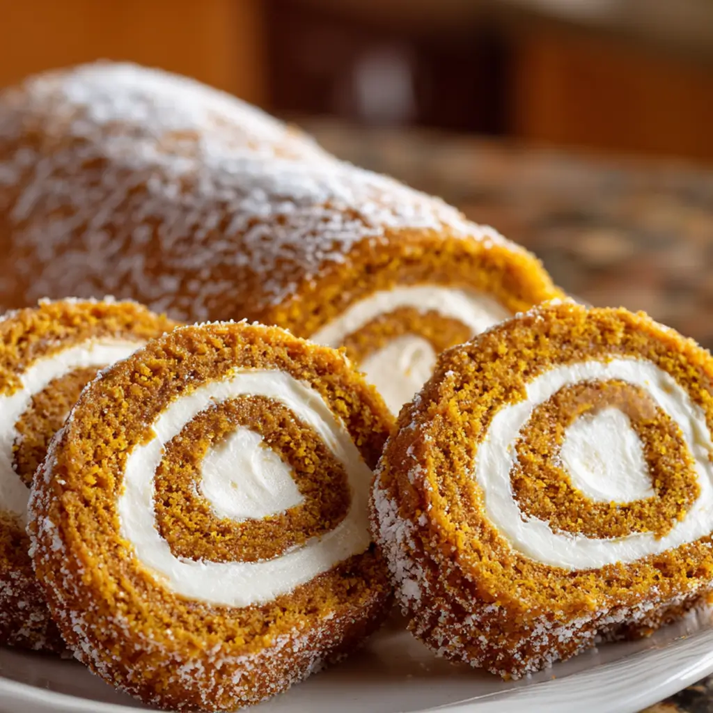 Slices of a homemade pumpkin roll with a cream cheese swirl filling, dusted with powdered sugar on a white plate.