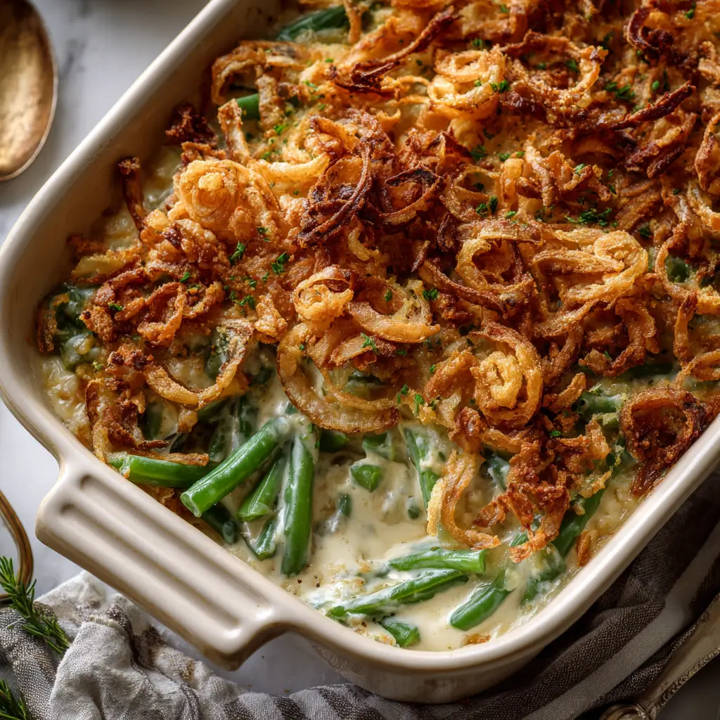 A close-up of a classic Green Bean Casserole in a white baking dish, featuring a creamy sauce and a generous topping of crispy fried onions.