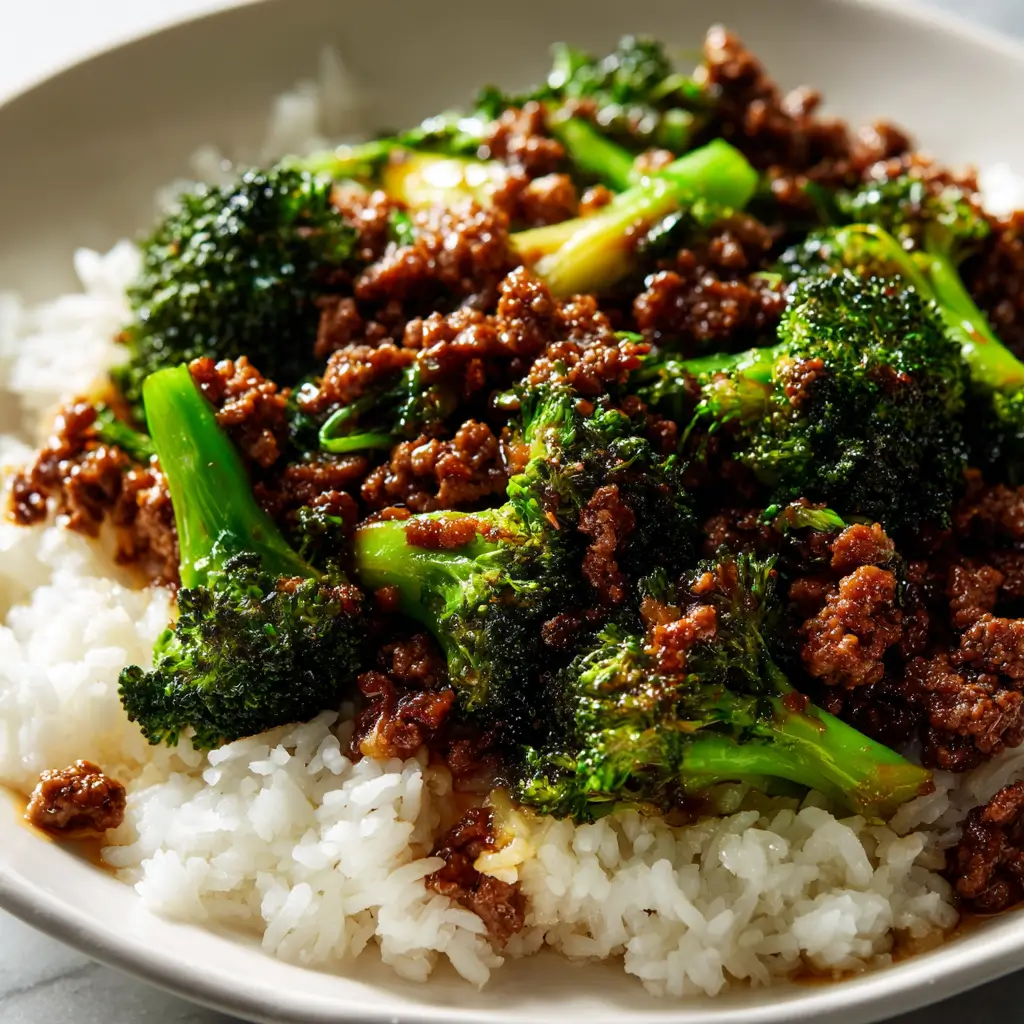A close-up of a white bowl filled with fluffy rice and topped with a savory ground beef and broccoli stir-fry in a glossy sauce.