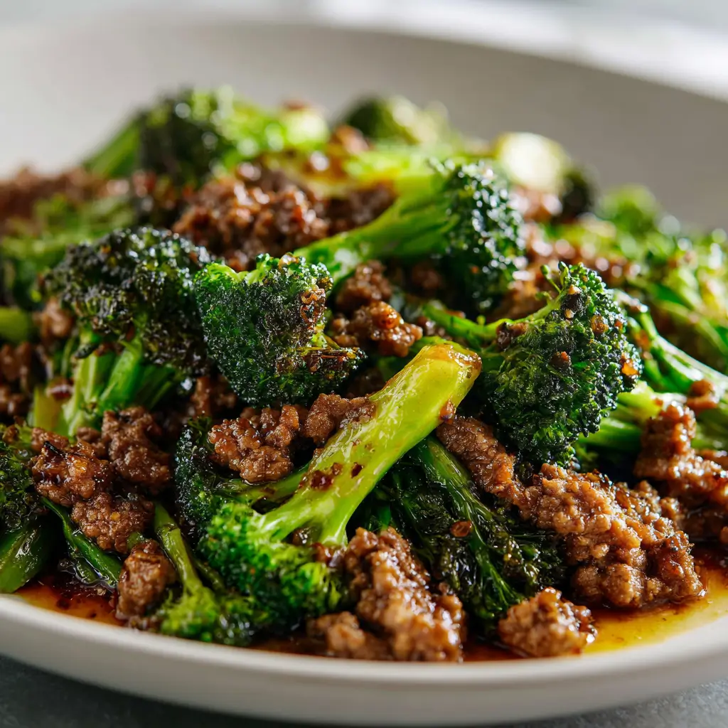 A close-up photograph of a savory ground beef and broccoli stir-fry in a white bowl, showing tender florets and seasoned meat in a rich sauce.