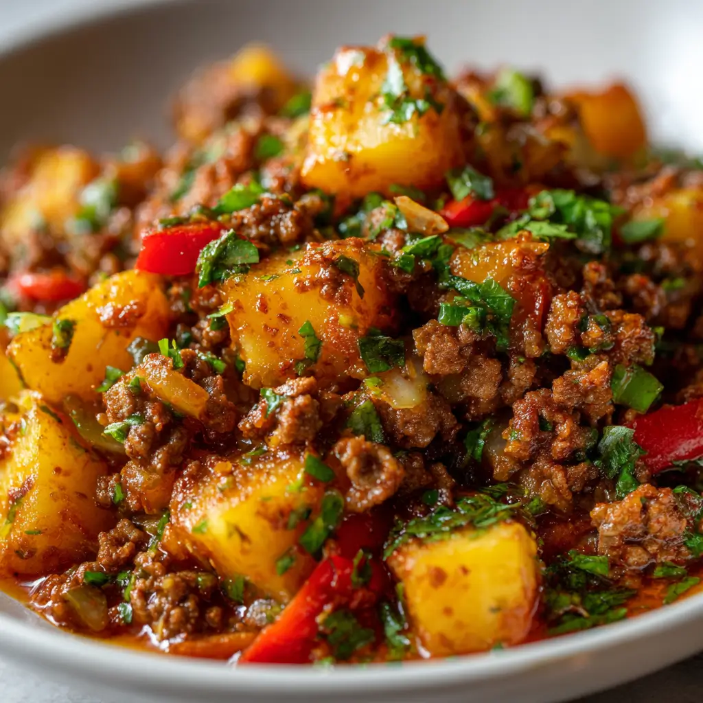 A close-up shot of a savory ground beef and potato skillet dish, garnished with fresh parsley and red bell pepper.