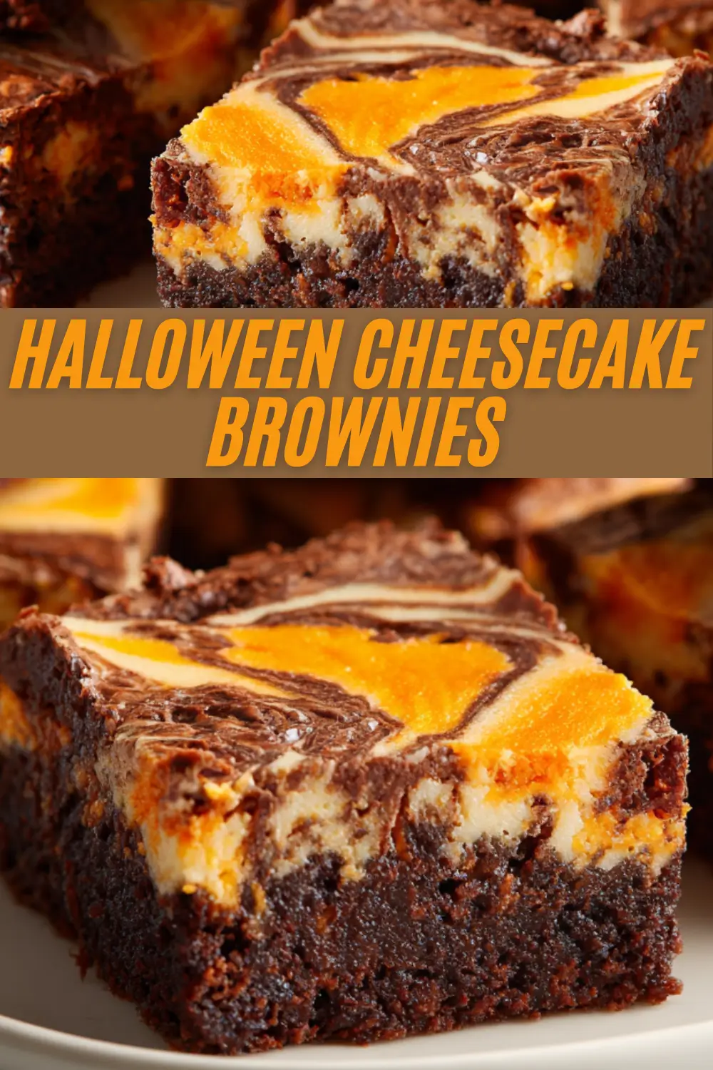 A recipe collage for Halloween Cheesecake Brownies, showing close-ups of fudgy brownies with a festive orange and white cheesecake swirl.