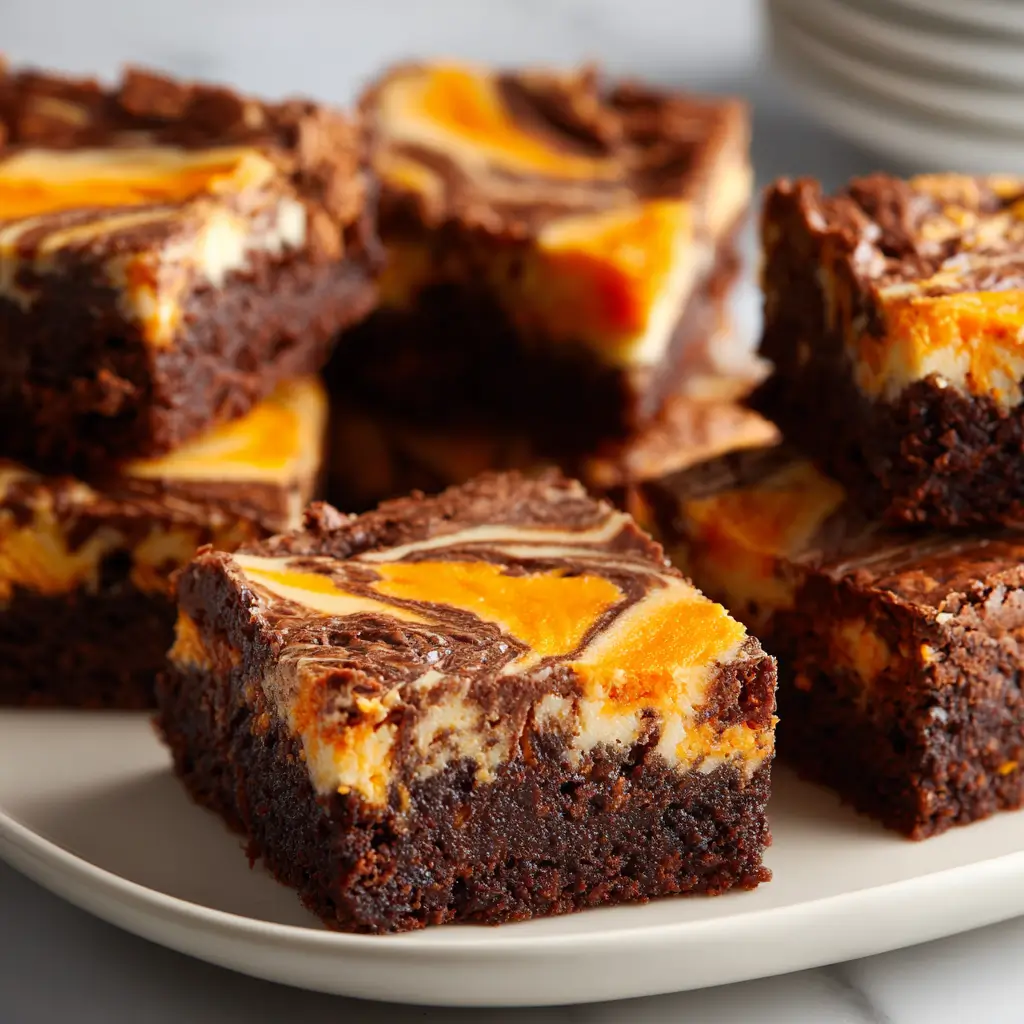 A plate of spooky Halloween cheesecake brownies, featuring a rich, fudgy base and a vibrant orange and white cheesecake swirl on top.