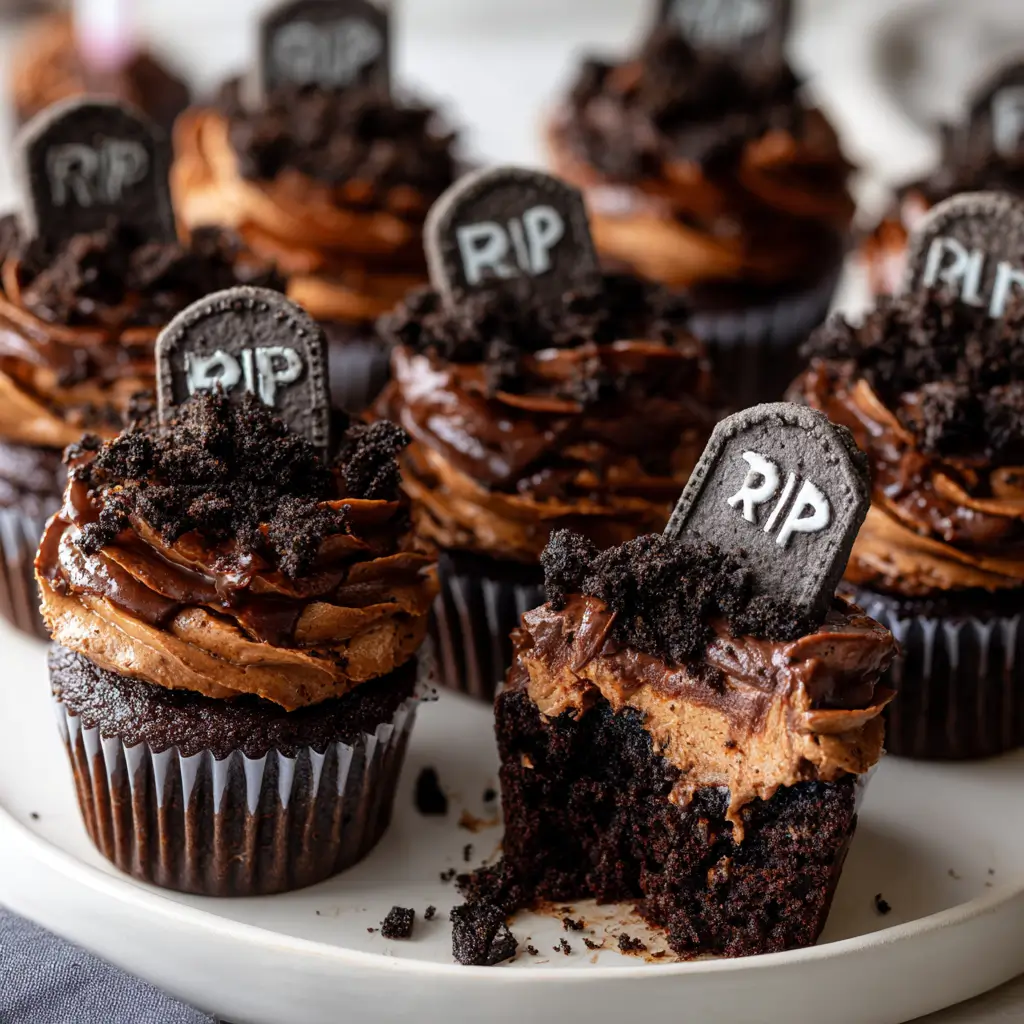 A platter of spooky Halloween graveyard cupcakes, featuring rich chocolate cupcakes topped with chocolate frosting, crushed cookie "dirt," and edible "RIP" tombstones.