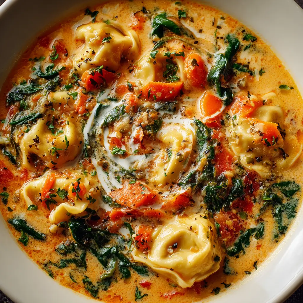 A close-up of a creamy bowl of Healthy Tortellini Vegetable Soup, filled with cheese tortellini, fresh spinach, and carrots, garnished with herbs.
