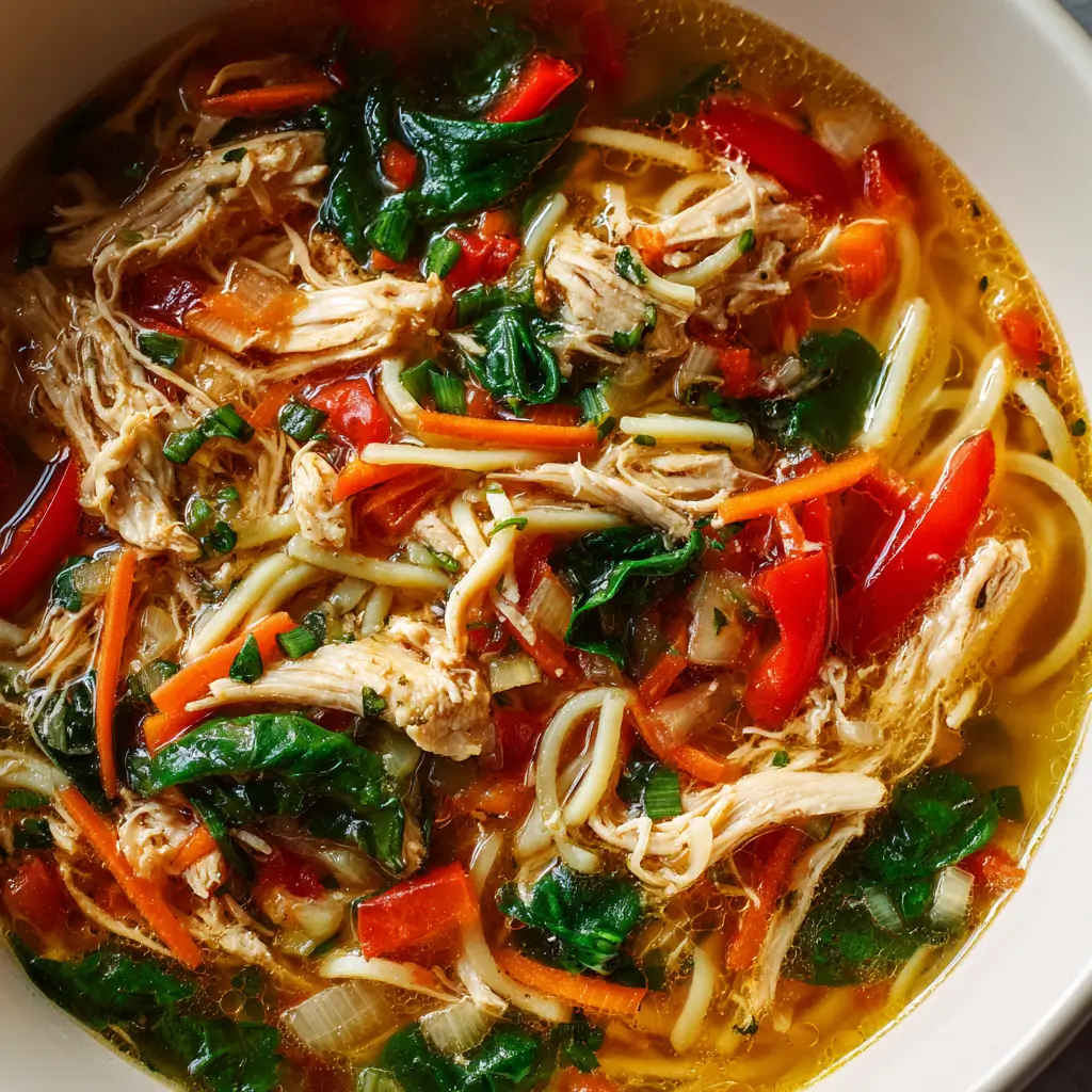 A close-up overhead shot of a white bowl filled with healthy vegetable chicken soup, featuring shredded chicken, thin noodles, red bell peppers, carrots, and spinach in a golden broth.