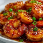 A close-up of succulent honey garlic shrimp coated in a sticky, dark glaze and garnished with freshly chopped green onions, served on a white plate.